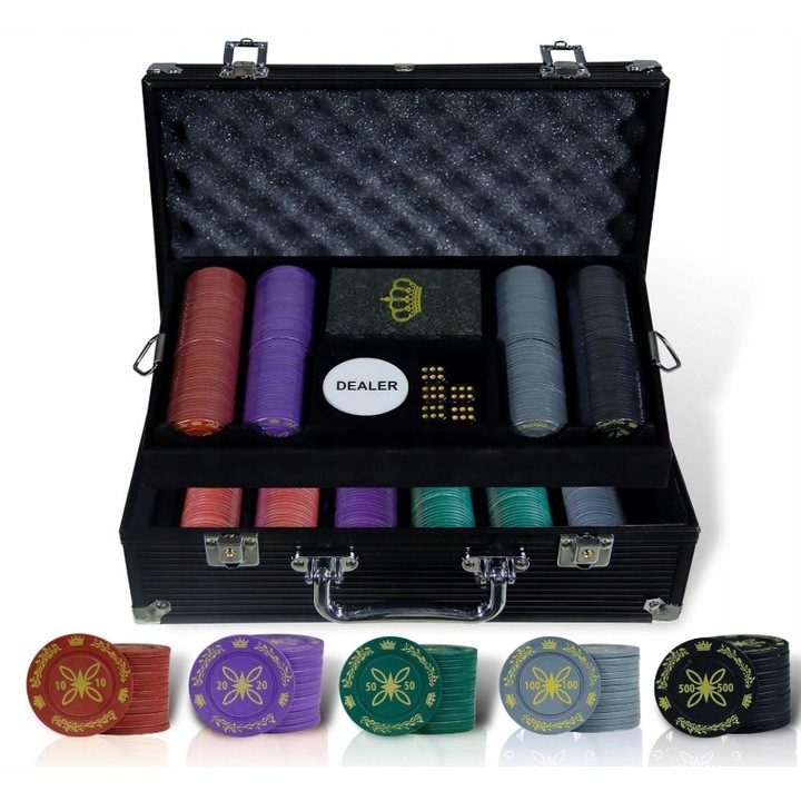 Set complet de poker, 500 jetoane, 2x carti, 5x zaruri, valiza din aluminiu, 90x57cm
