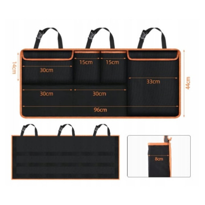 Torba de depozitare pentru masina, portocalie, 100x40cm, cu multiple compartimente, impermeabila