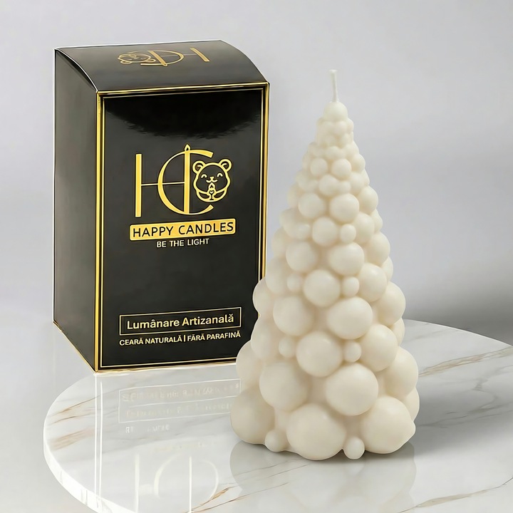 Свещ от естествен пчелен восък, Happy Candles, Brad Bubble S, Fildes, Ръчна изработка, Коледа, 75гр