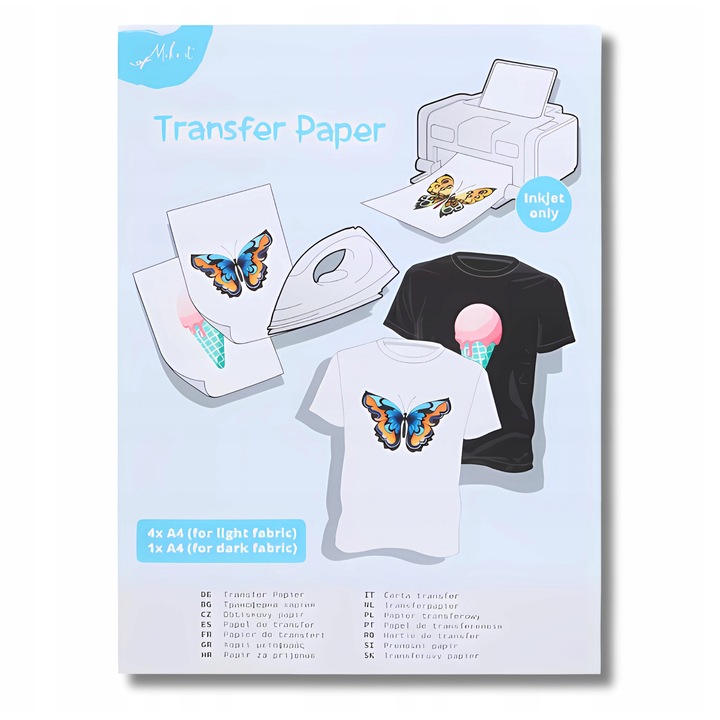 Hartie transfer A4, set 5 foi, pentru personalizare textile, culori durabile, dimensiune 21x29.7cm