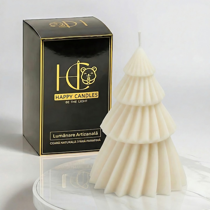 Свещ от естествен пчелен восък, Happy Candles, Коледна елха L, Цвят слонова кост, Ръчна изработка, Коледа, 160гр