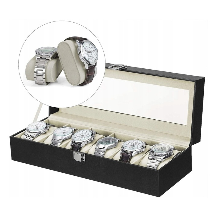 Cutie pentru ceasuri, 6 compartimente, sticla, piele artificiala, 30x11x8cm