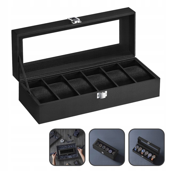 Cutie pentru ceasuri, 6 compartimente, sticla, 30x11x8cm