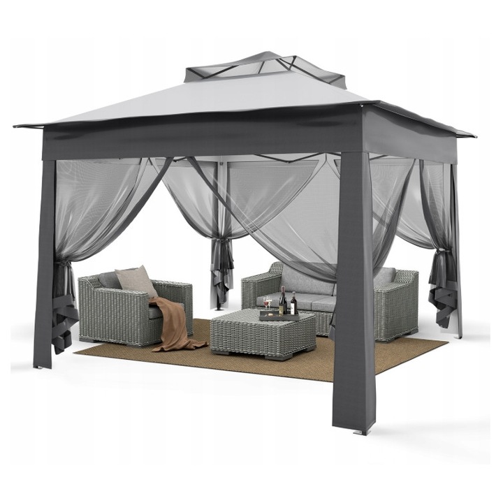Pavilion gradina 3x3m, gri, cu moskitiera, structura din aluminiu