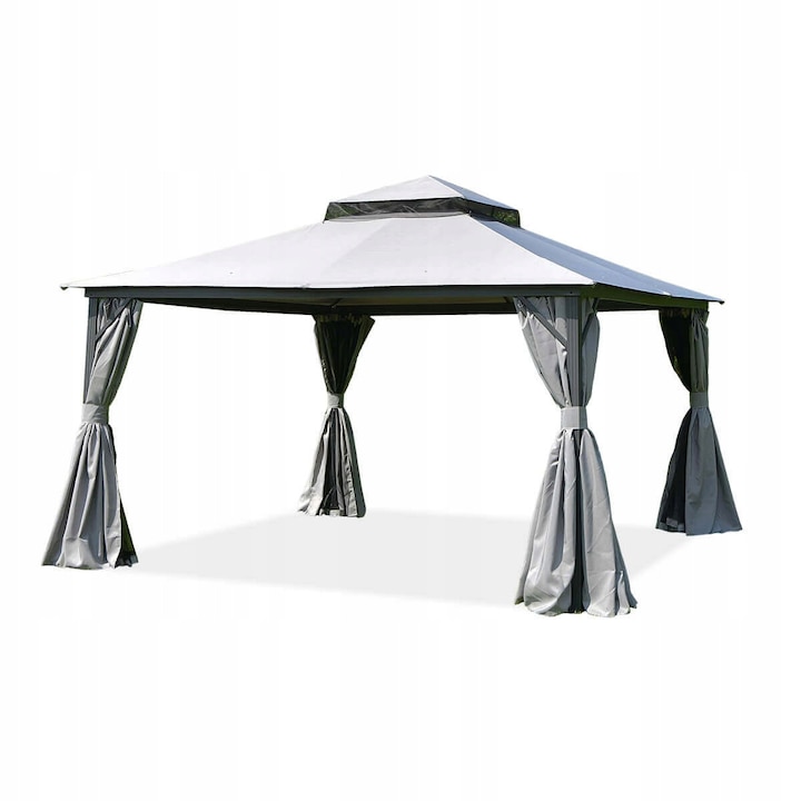 Pavilion gradina Hardmaister Vancouver 4x4m, gri, cu moskitiera si perdele ajustabile