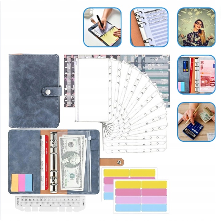 Planer bugetar A6, 26 elemente, organizator cu etui din piele PU, multicolor, 19x13x3cm