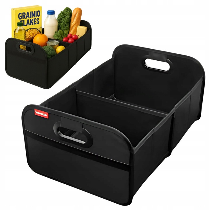 Összecsukható autós csomagtartó rendszerező, fekete, 52x38x26cm, vízálló, hálós zsebbel