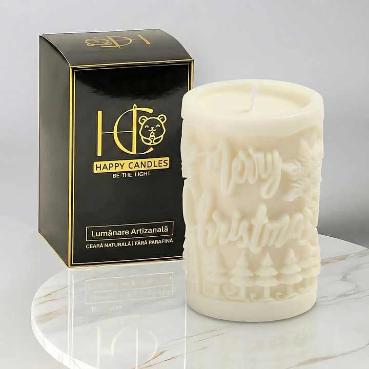 Свещ от естествен пчелен восък, Happy Candles, Коледно пожелание, Слонова кост, Ръчна изработка, Коледа, 180гр