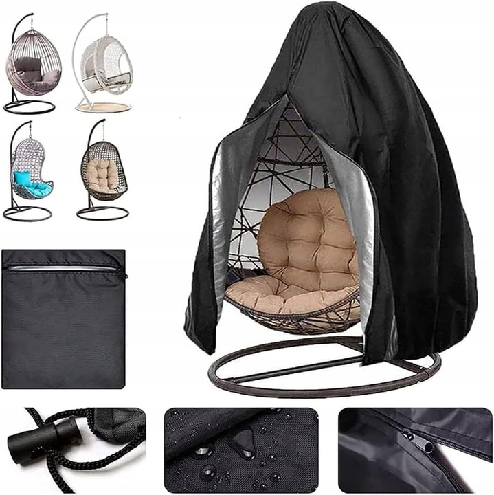 Husa impermeabila pentru fotoliu tip cocon, neagra, 190x115cm, cu fermoar, set cu sac de depozitare