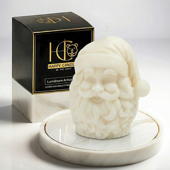 Свещ от естествен пчелен восък, Happy Candles, Весел Дядо Коледа, Слонова кост, Ръчна изработка, Коледа, 145гр