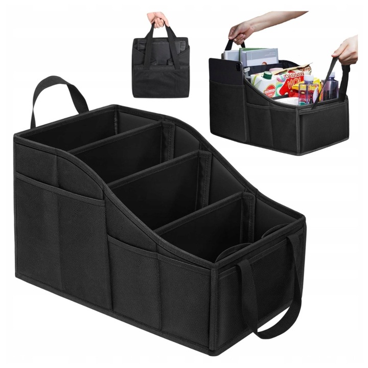 Autós rendszerező, 4 rekeszes, 4 italtartóval, fekete, ülés háttámlájára