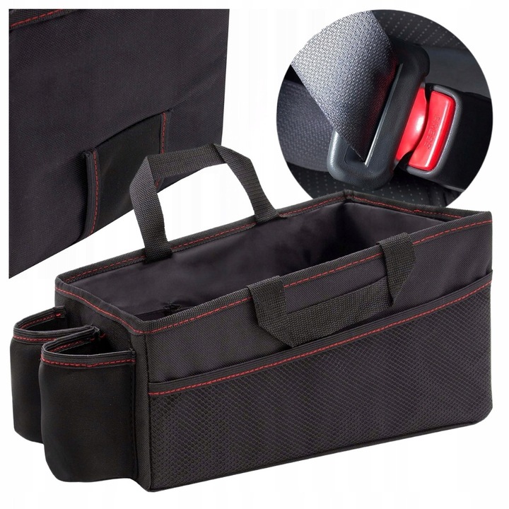 Összecsukható autós rendszerező, 30x20x18cm, fekete piros varrással, csomagtartóba és hátsó ülésre