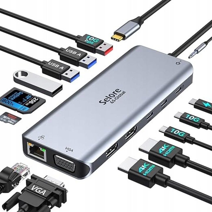 Statie de docare USB C 14 in 1, dual HDMI 4K, triple display, Power Delivery 100W, multicolor