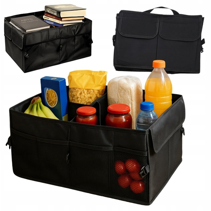 Összecsukható, vízálló autós rendszerező, állítható rekeszekkel, fekete, 52x38,5x26cm