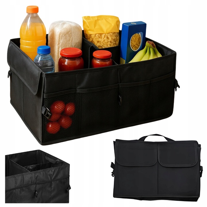 Összecsukható, vízálló autós rendszerező, állítható rekeszekkel, fekete, 52x38,5x26cm