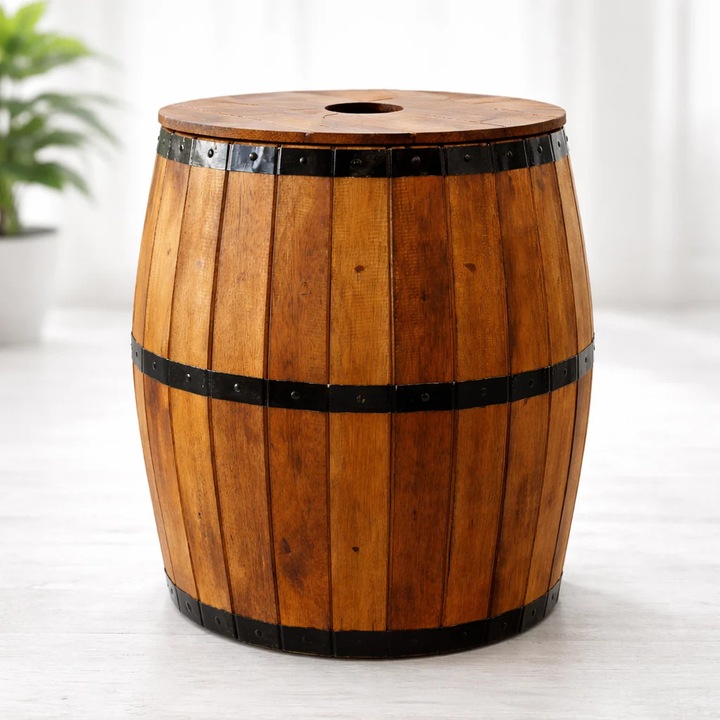 Taburet tip butoi si suport pentru umbrela de soare - lemn natural 38 x 32 cm