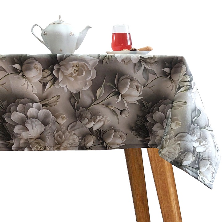 Fata de masa, Atelier Mosore, 220x120 cm, impermeabila, anti-pete, bumbac, digital print, model floral bujori, gri/alb