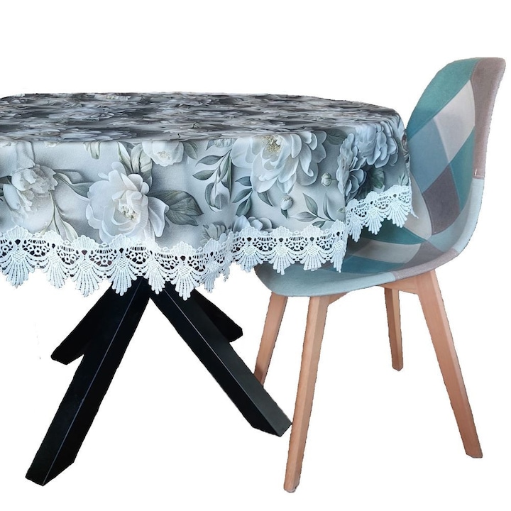 Fata de masa rotunda cu dantela a, Atelier Mosorel, 140 cm, impermeabila, anti-pete, bumbac, digital print, model floral bujori, gri/alb