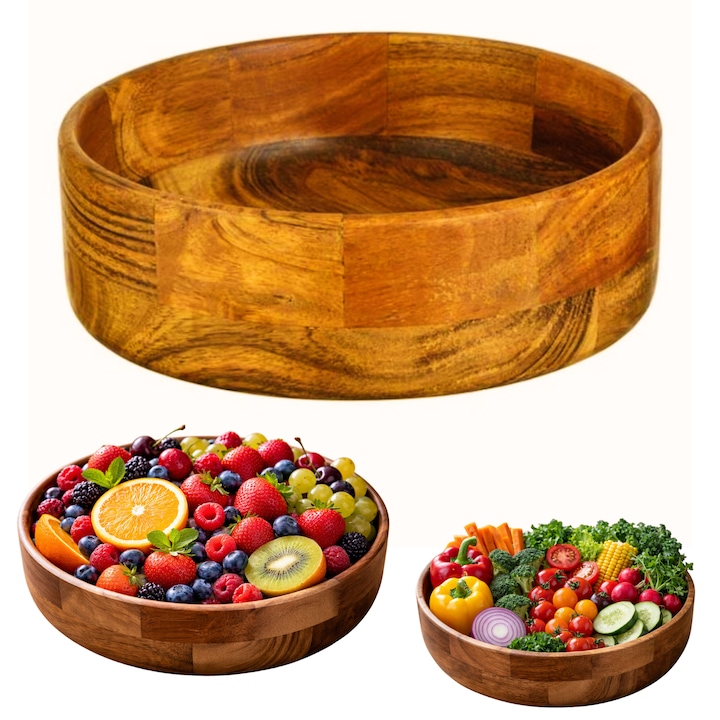 Bol pentru salata si fructe HASEPE, Design rustic elegant, Lemn natural, Culoare inchisa, 21.5x7.5 cm, Capacitate 1.5L