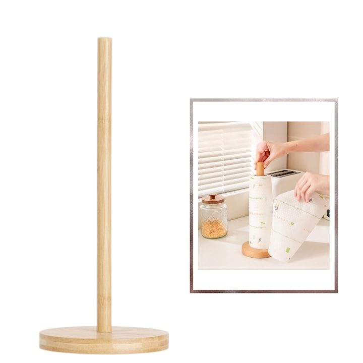 Suport pentru prosoape de hartie HASEPE, Organizator rola bucatarie, Suport din lemn natural, Baza stabila, Design elegant si rezistent, Usor de utilizat, pentru bucatarie sau masa, 13x33 cm, Culoare naturala
