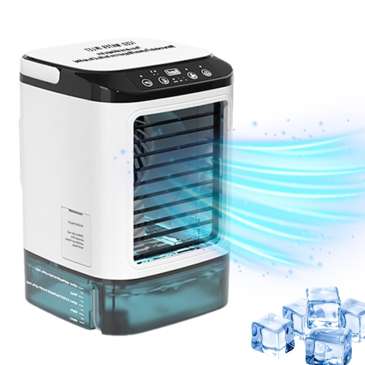 Ventilator portabil Racitor HASEPE cu USB 5V-12W, racire cu aer si pulverizare, 3 viteze, functionare silentioasa, Rezervor apa, lumina LED multicolora, Buton ON/OFF, Climatizare personala pentru birou sau acasa, 16.5x17x24.5 cm, Alb-Negru