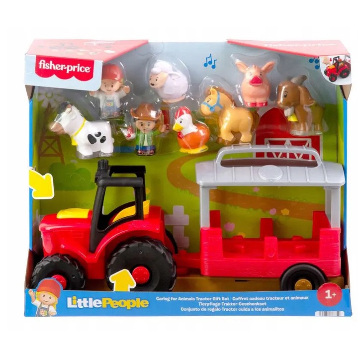 Set ferma, Mattel, tractor cu remorca si animale, 2 figurine fermieri, multicolor