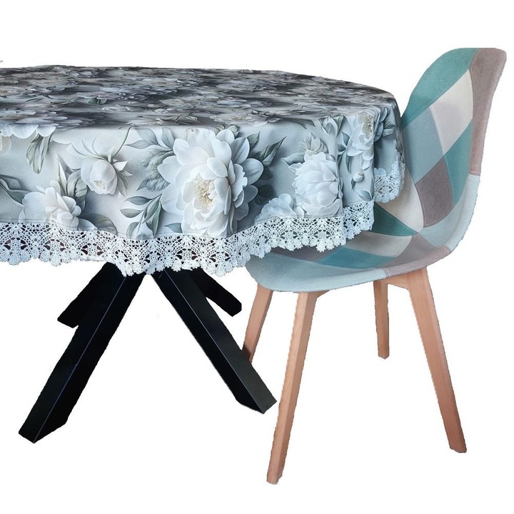 Fata de masa rotunda cu dantela b, Atelier Mosorel, 140 cm, impermeabila, anti-pete, bumbac, digital print, model floral bujori, gri/alb