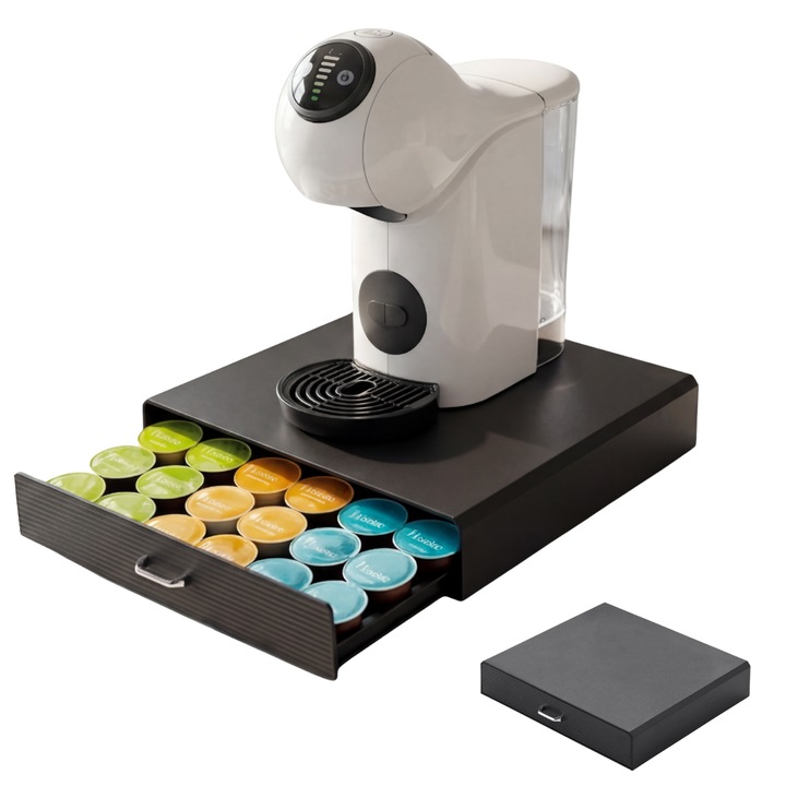 Sertar organizator capsule cafea HASEPE, compatibil capsule NESPRESSO si TCHIBO, Organizator capsule cafea, Suport aparat cafea, Multifunctional pentru depozitare zahar si accesorii, Design compact, Rezistent, Capacitate mare 50 capsule, 40x24x6 cm, NEGRU