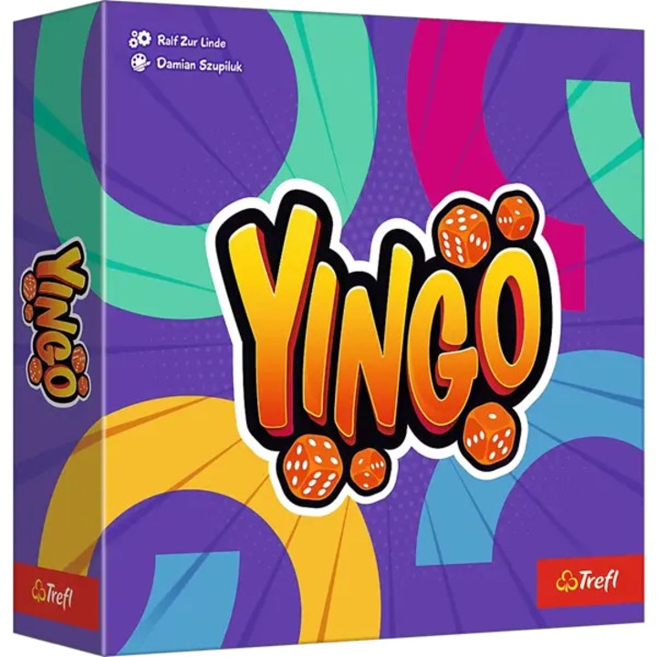 Yingo társasjáték, TREFL, 32 zseton, 5 dobókocka, 9 játéktábla, 4 játéklap, többszínű