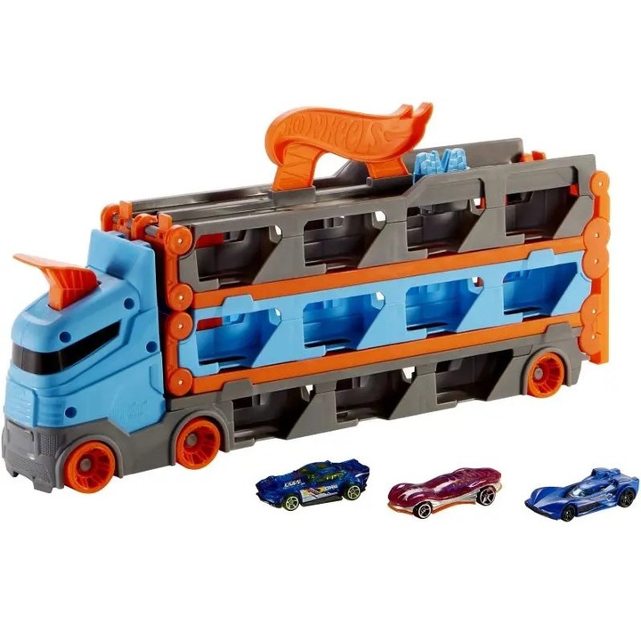 Transporter de curse 2 in 1 MATTEL cu 3 masinute Hot Wheels, multicolor