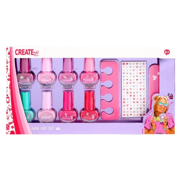 Set de unghii cu lacuri si autocolante, CANENCO, 8 nuante, pentru copii, 6 ani+