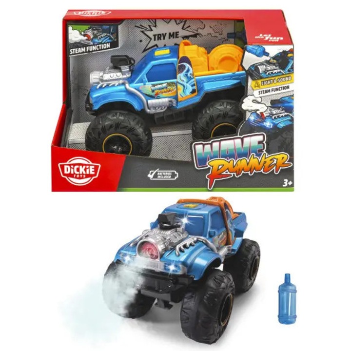 Masinuta Dickie Asphalt Heroes Wave Runner, albastru-silver, 25cm, cu efect de abur, lumini LED, sunete realiste