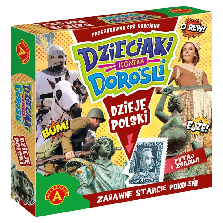 Dzieciaki Kontra Dorosli - Dzieje Polski, joc de societate, 110 carti, 2 pioni, multicolor