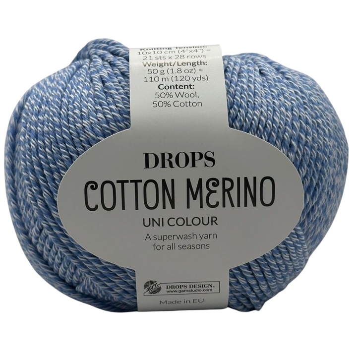 Fir tricotat/crosetat DROPS Cotton Merino, 50% lana merino + 50% bumbac, 50g/110m, Oeko-Tex®, Superwash, pentru haine si accesorii, Albastru Marin Deschis