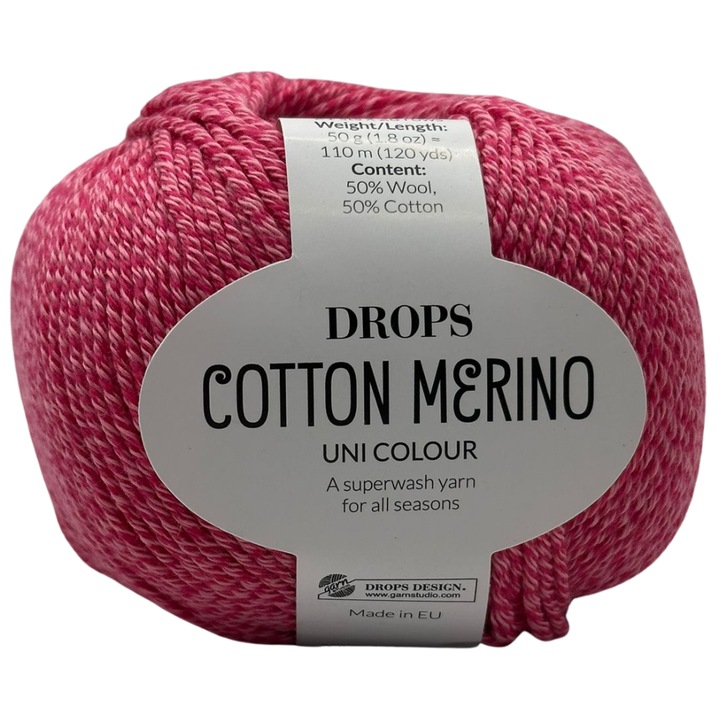 Fir tricotat/crosetat DROPS Cotton Merino, 50% lana merino + 50% bumbac, 50g/110m, Oeko-Tex®, Superwash, pentru haine si accesorii, Roz Zmeura