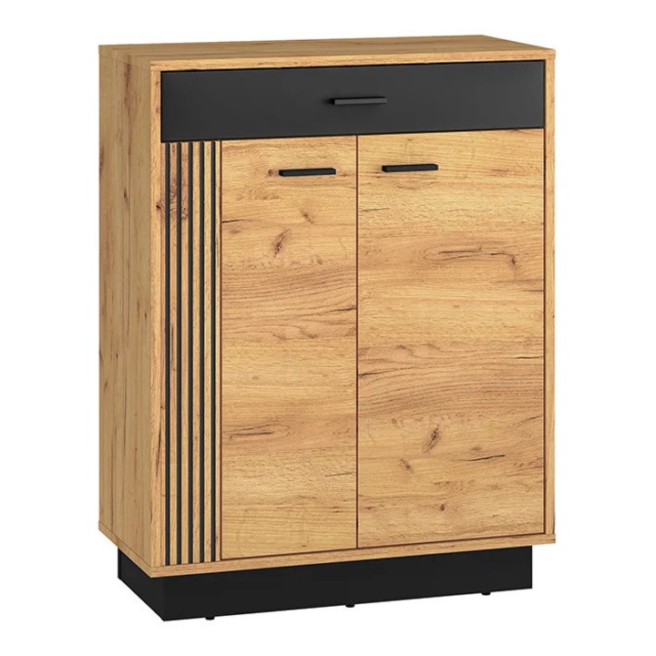 Pantofar/dulap pantofi hol, 2 usi si sertar, stejar craft+negru, pal, 91x 70x34 cm, insertie negru model riflaj - Bortis Impex