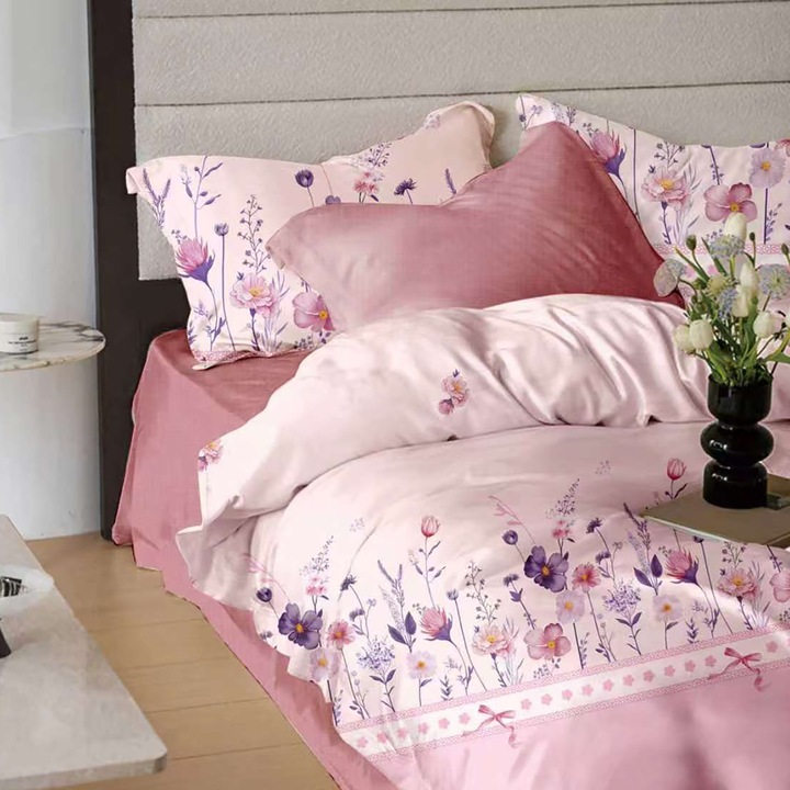 Lenjerie pat dublu Finet Bumbac 6 piese cu husa saltea 160x200 sau 180x200 cm, pilota 200x230 cm, 2 fete perna 50x70 si 70x70 cm, Roz / Mov, Ralex Pucioasa