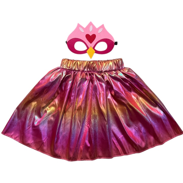 Set 2 accesorii costum papagal/pasare, bufnita, roz, fusta si masca, 4-7 ani, 105-122 cm