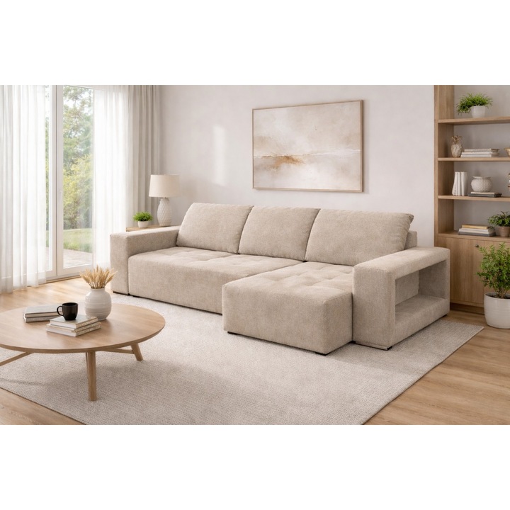 Coltar tapitat extensibil stanga 140x240, culoare crem latte