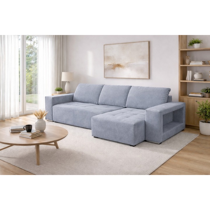 Coltar tapitat extensibil stanga 140x270, culoare gri azur