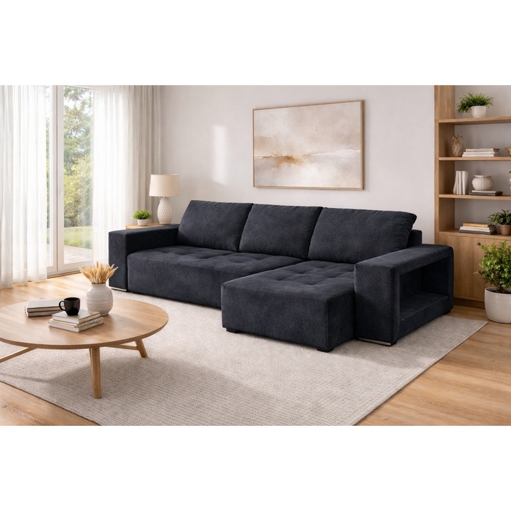 Coltar tapitat extensibil stanga 140x270, culoare gri ebonita