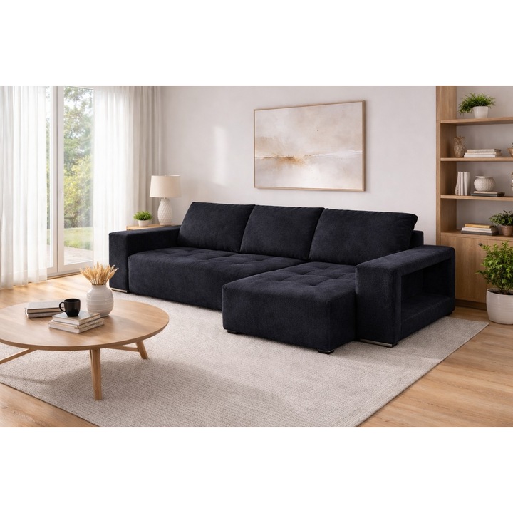 Coltar tapitat extensibil stanga 140x270, culoare albastru inchis deep blue