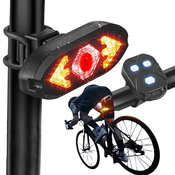 Set semnalizator Bicicleta, 5 moduri de lumina, Lumina LED de 100 lm, cu semnalizatoare stanga si dreapta, rezistenta la apa IPX4, baterie de mare capacitate de 900mAh, usor de instalat, reglabila, vizuala la 270 de grade, Negru