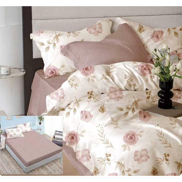 Lenjerie pat dublu Finet Gros 6 piese, NufJoy®, Cearceaf cu elastic universal pentru saltea 160x200 cm/180x200 cm, cearsaf pilota 200x230 cm, 2 fete perna 70x70 cm, 2 fete perna 50x70 cm, HF63