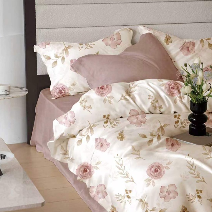 Lenjerie pat dublu Finet Bumbac 6 piese cu husa saltea 160x200 sau 180x200 cm, pilota 200x230 cm, 2 fete perna 50x70 si 70x70 cm, Crem / Roz, Ralex Pucioasa