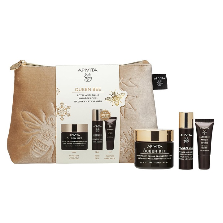 Set Apivita Queen Bee, crema plina de hidratare 50ml, ser 10ml, crema pentru ochi 5ml, antirid, fara parabeni