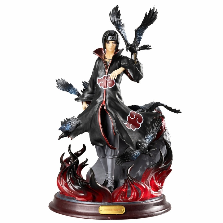 Фигурка Itachi Uchiha Akatsuki Naruto, с гарвани и основа от пламъци, аниме колекционерска статуетка, 27 см, многоцветна