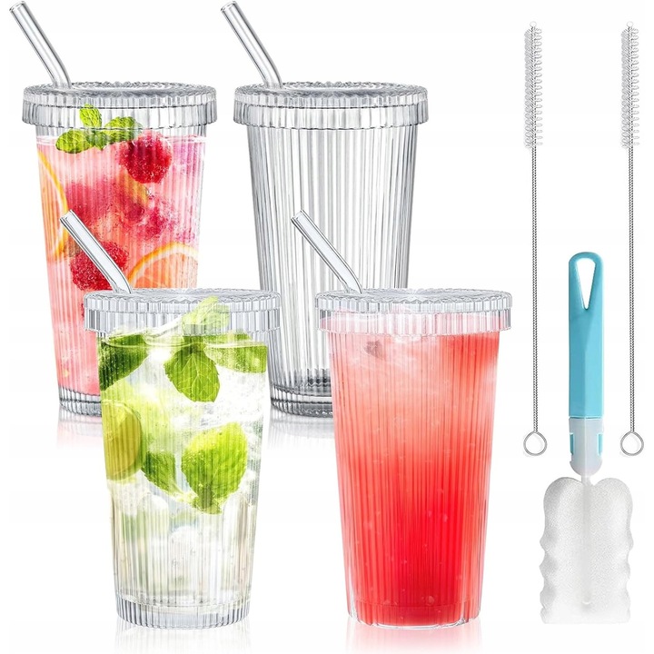 Set pahare din sticla cu capac si pai, 4 bucati, 375 ml, sticla borosilicata, transparent