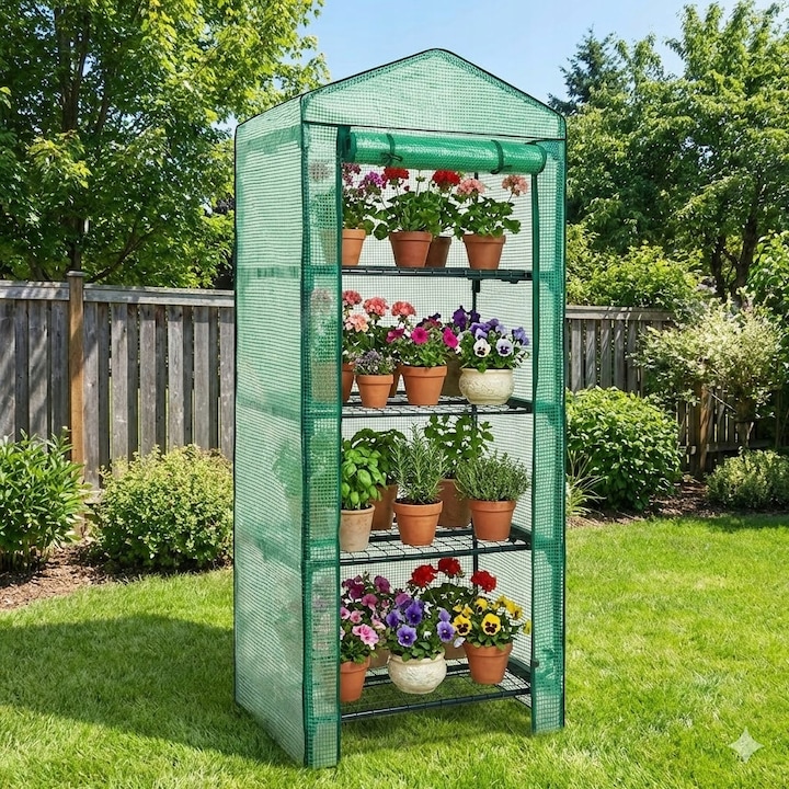 Mini sera balcon, 4 poli, structura din otel, PVC, 69x50x158cm, set cu e-book "BIO SCLARNIA OD A DO Z"