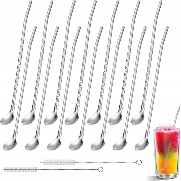 Set 14 linguri din inox cu 2 perii de curatare, pentru cocktailuri, multicolor